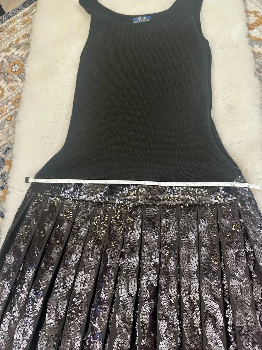 Polo Ralph Lauren Girls Black Knit Drop-Waist Sequin Pleated Dress L/XL Pristine